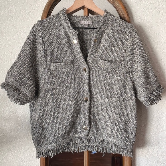 J.Crew XL Short Sleeve Fringe Cardigan Jacket Sweater Gray Cotton Linen Blend - Picture 1 of 6